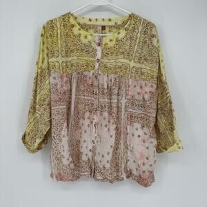 Pilcro Anthropologie Blouse Womens Medium Yellow Pink Boho Peasant Long Sleeve